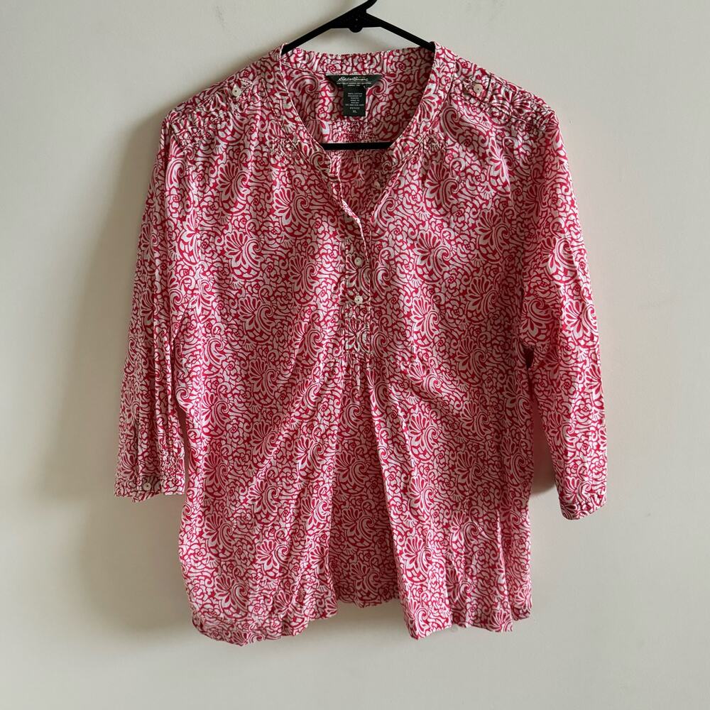 Eddie Bauer Petite XL Button Up Shirt Cotton 3/4 Sleeve Pink Floral Top Blouse